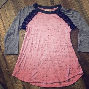 Pink Baseball Tee with Lace Detail